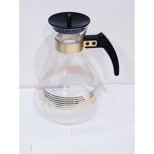 Vintage Mid Century Pyrex Glass Coffee Pot Carafe Gold Stripes